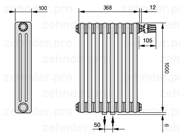 Схема (чертеж) Радиатор Zehnder Charleston 3100/8 №V008 Белый глянцевый RAL 9016